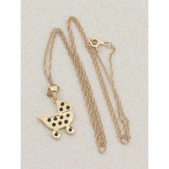 14K Yellow Gold Natural Sapphire Baby Carriage Stroller Necklace 18 inch chain - Picture 8 of 8